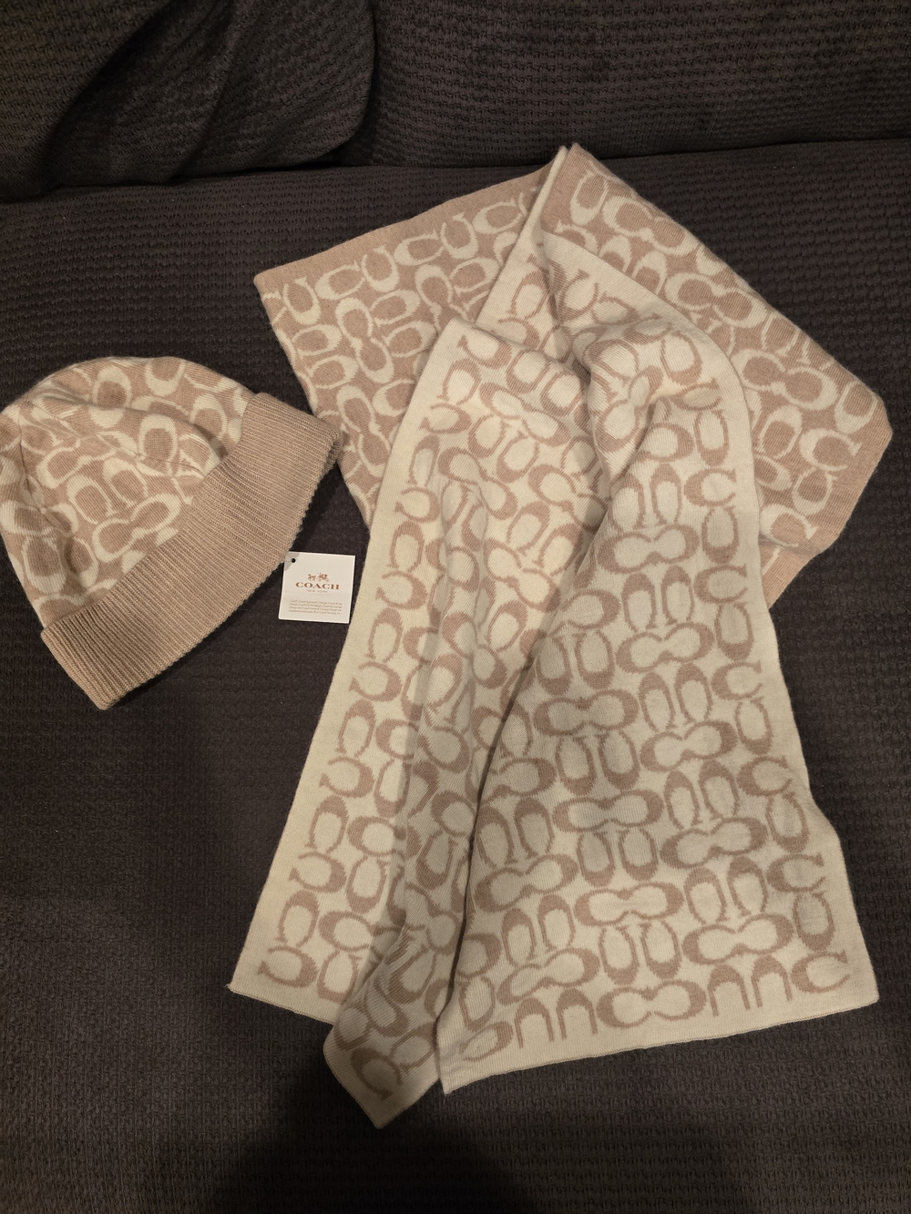 COACH F86024 Logo Knit Hat Scarf Beige & Cream Mixed Wool Cashmere Blend *READ